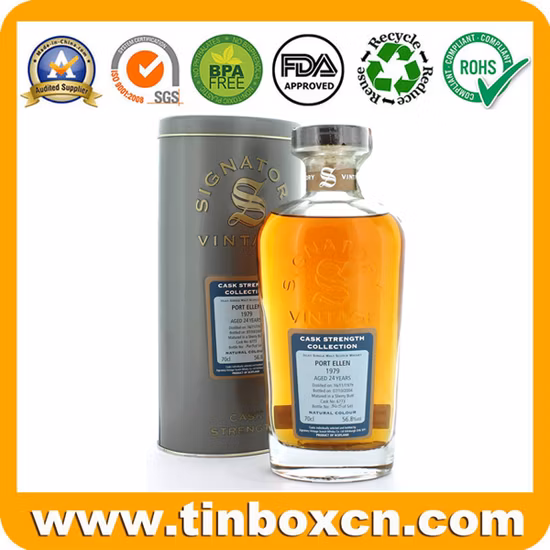 Caixa de vinho de lata redonda personalizada vazia de metal para vodka vintage uísque