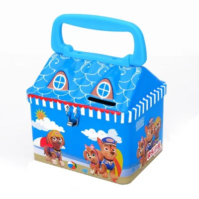 Caixa de lata de presente de doces com alça para impressão de desenhos animados em forma de casa