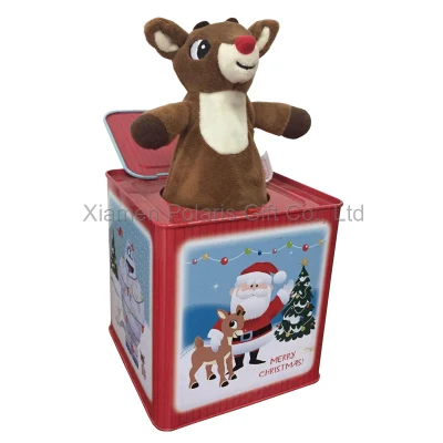 Boneca de Natal com impressão de logotipo colorido em caixa de lata musical