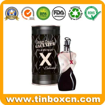 Caixa de lata cosmética de metal personalizado em relevo para óleos de fragrância de perfume