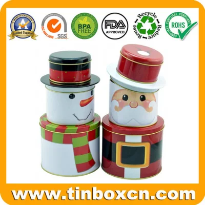 Caixa de lata de presente de Natal de cilindro de ferro criativo de 3 camadas de Papai Noel